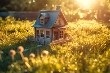 Miniature wooden house in the grass, near a forest, under the morning sun. Environmentally friendly housing concept. Created with Generative AI technology.