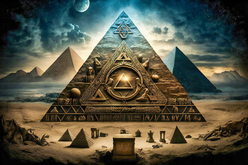 Pyramid with astrology and esoteric symbols on it. Esoteric, ancient wisdom or freemasonry concept composition. Created with Generative AI technology.