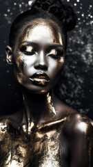 Artistic gold decorated black young woman. Created with Generative AI technology.