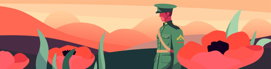 Anzac Day Tribute: Illustration with Poppy and Soldier. Capture the spirit of Anzac Day with the flat illustration. The design depicts a soldier and a vibrant poppy against.