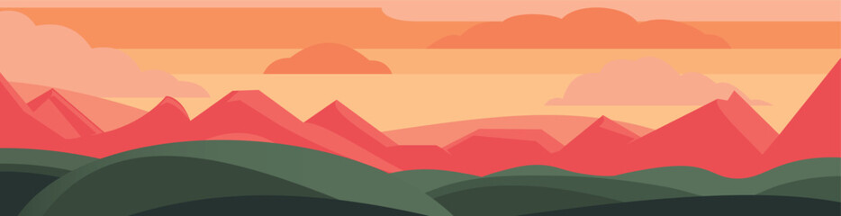 Stunning graphic illustration depicts a majestic landscape with mountains and sky in the background. Color palette features shades of green, orange, and yellow, creating warm and inviting atmosphere.