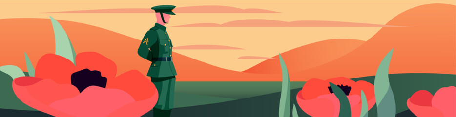 Anzac Day Tribute: Illustration with Poppy and Soldier. Capture the spirit of Anzac Day with the flat illustration. The design depicts a soldier and a vibrant poppy against.