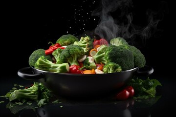 Vegetables floating in pan with tomato, cabbage, broccoli, greens. Generative AI