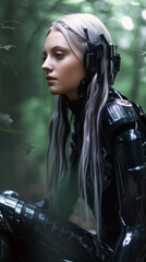 Obraz na płótnie Canvas Cyberpunk-style cybernetic woman of the future in forest environment