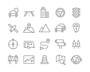 Road Trip Icons - Vector Line. Editable Stroke.