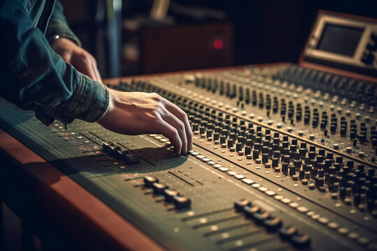 Sound engineer or sound technician hands on the mixing console. Created with Generative AI technology.