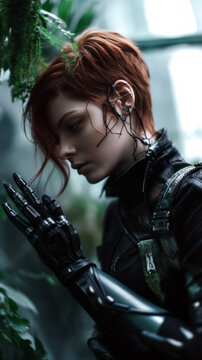 Cyberpunk-style futuristic lady with cybernetic arm in a giant greenhouse with plants, AI-generated