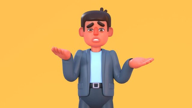 3d animation of man in suit confused, doubtful, unsure