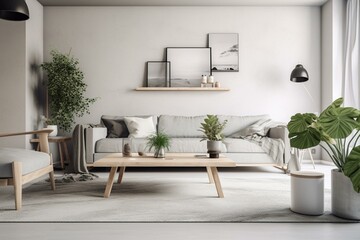 Spacious white living area with grey sofa, wooden table, carpet, small plant, wall for customization. Generative AI