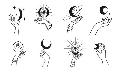 Magic Moon Set astrology. Boho vector illustration.