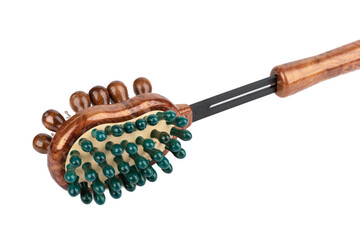 Massage brush for the body with wooden rows of teeth on a white background.