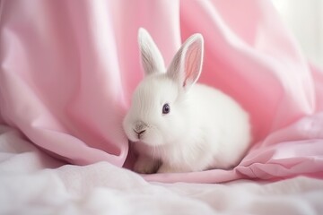 Obraz premium cute white rabbit sitting under a cozy pink blanket. Generative AI