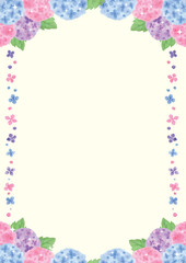 水彩手描きの三色のあじさいを上下に並べ縦小花を添えた縦型背景