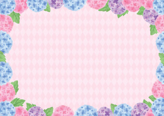 ピンク背景の水彩手描きの三色のあじさいで囲んだ横型フレーム