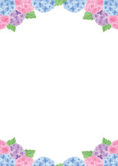 水彩手描きの三色のあじさいが上下に並んだ縦型背景