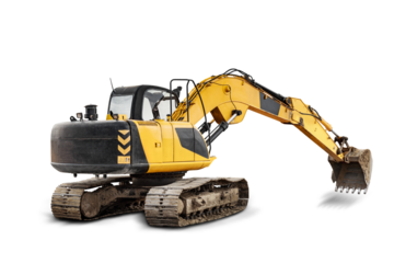 Crawler excavator with extended boom and big bucket isolated on white background. Powerful excavator with an extended bucket close-up. element for design. Rental of construction equipment.
