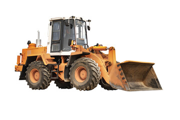 Obraz na płótnie Canvas Heavy front loader or bulldozer on a white isolated background. construction machinery. Transportation and movement of bulk materials. Rental of construction equipment.