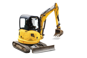 Small or mini yellow excavator isolated on white background. Construction equipment for earthworks in cramped conditions. Rental of construction equipment.