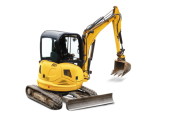 Small or mini yellow excavator isolated on white background. Construction equipment for earthworks in cramped conditions. Rental of construction equipment.