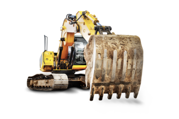 Crawler excavator with extended boom and big bucket isolated on white background. Powerful excavator with an extended bucket close-up. element for design. Rental of construction equipment.