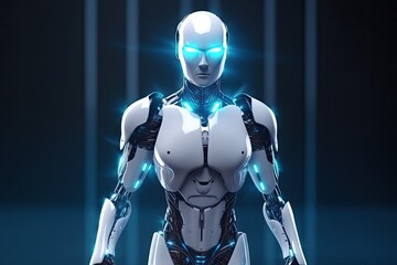 Obraz na płótnie Canvas futuristic robot with illuminated eyes standing in a dimly lit chamber. Generative AI
