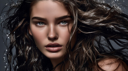 Fototapeta premium Portrait of beautiful young woman with water soaked hair. Generative AI image