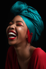 Young black woman laughing faces up with a turban. Generative AI image
