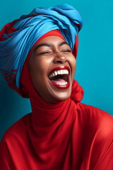 Young black woman laughing faces up with a turban. Generative AI image