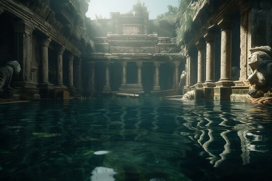 An image depicting a scene of ancient ruins submerged in water. Generative AI