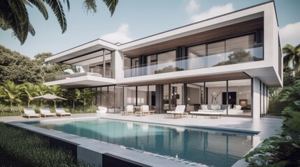 Florida Mansion, Striking Pool and Garden Vista, Contemporary Minimalist Design, Extravagant Living Experience, Generative AI Illustration