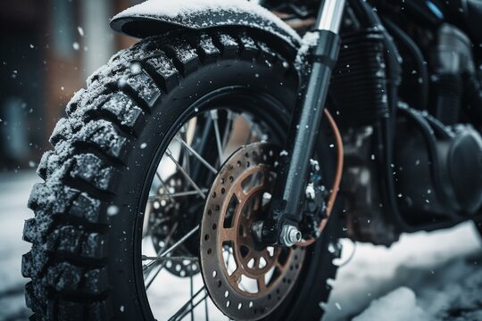 Motorcycle with snow chains close-up. Generative AI