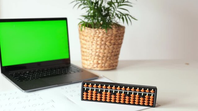 abacus for mental arithmetic on a table , nobody. The concept of learning mathematics for children, Russian mathematics