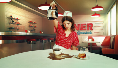 Composite image with young woman, waitress in 70s retro fashion uniform sitting at table with coffee on 3D model of diner interior, restaurant