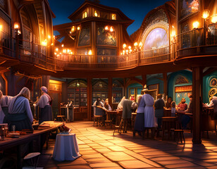 Fototapeta na wymiar Cozy magical café courtyard at night. Warm glow over patrons relaxing at the tables. Urban night background. Digital illustration. CG Artwork Background