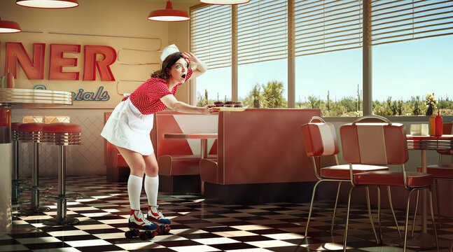 Young adorable girl, waitress in retro style clothes and rollers holding food tray and delivering to clients over 3D model of diner interior, restaurant. Vintage cafe service