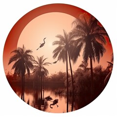 Orange sunset landscape in a circle. Evening on the beach with palm trees. Generative AI
