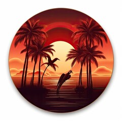 Fototapeta na wymiar Orange sunset landscape in a circle. Evening on the beach with palm trees. Generative AI
