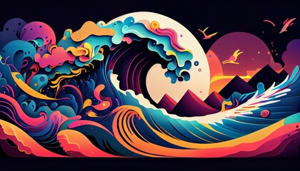 Vibrant Tidal Wave, Stunning Abstract Image, Dynamic Scene, High Resolution, 8K Real-Time Rendering. Generative AI