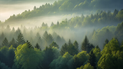 Misty mountain forest landscape in the morning - obrazy, fototapety, plakaty