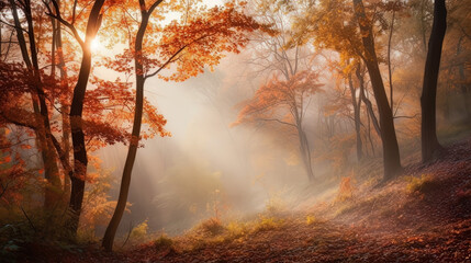 Magical autumn forest with sun rays in the evening. Trees in fog. Colorful landscape with foggy forest, gold sunlight, and orange foliage at sunset