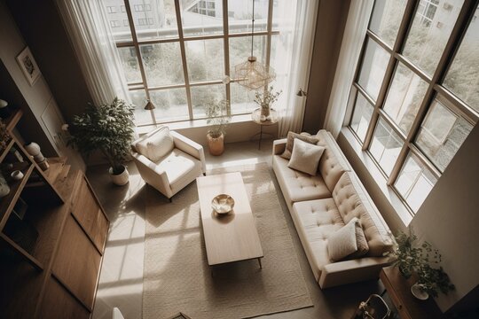 Beige Living Room With Couch, Armchair & Window From Above. Generative AI