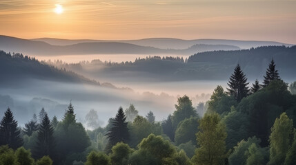 Misty mountain forest landscape in the morning