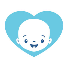 Anuncio de llegada de bebé niño. Silueta de corazón color azul con con cara de niño sonriente para su uso en invitaciones y tarjetas