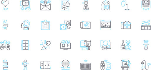 Computer games linear icons set. Adventure, RPG, Action, Simulation, Strategy, Sandbox, Fantasy line vector and concept signs. Shooter,Puzzle,Role-play outline illustrations Generative AI