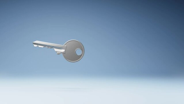 One Metal Key Spinning on a Studio Blue Background, Seamless Loop 3D Animation with Copy Space