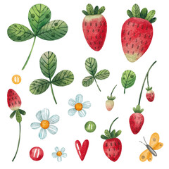 A collection with strawberries, flowers, leaves and a butterfly. Watercolor illustration. Plants and nature. Handmade work. Garden. Summer. Red. Green. Natural. Design. Art. Sweet. Drawing.