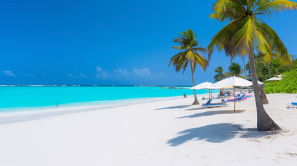 Obraz na płótnie Canvas beautiful white sand beach with palm trees and chairs