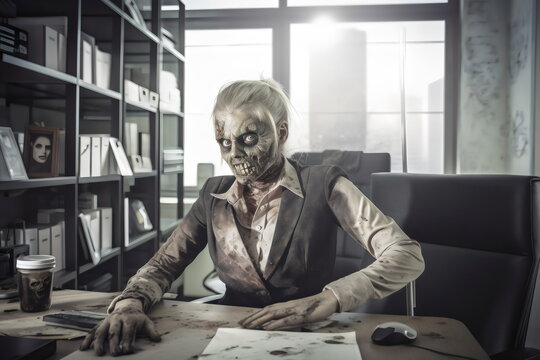 smiling female zombie sitting at desk in office, made with generative ai