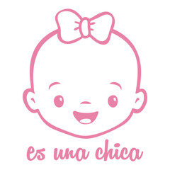 Anuncio de llegada de bebé niña. Letras mensaje es una chica en texto manuscrito en español con cara de niña sonriente color rosa para su uso en invitaciones y tarjetas