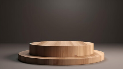 Round wooden podium on a gray background. 3d rendered
